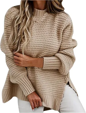 Women's 2024 Fall Casual Fall Oversized Sweater Long Sleeve Crew Neck Side Slit Oversized Ribbed Knit Pullover Tops