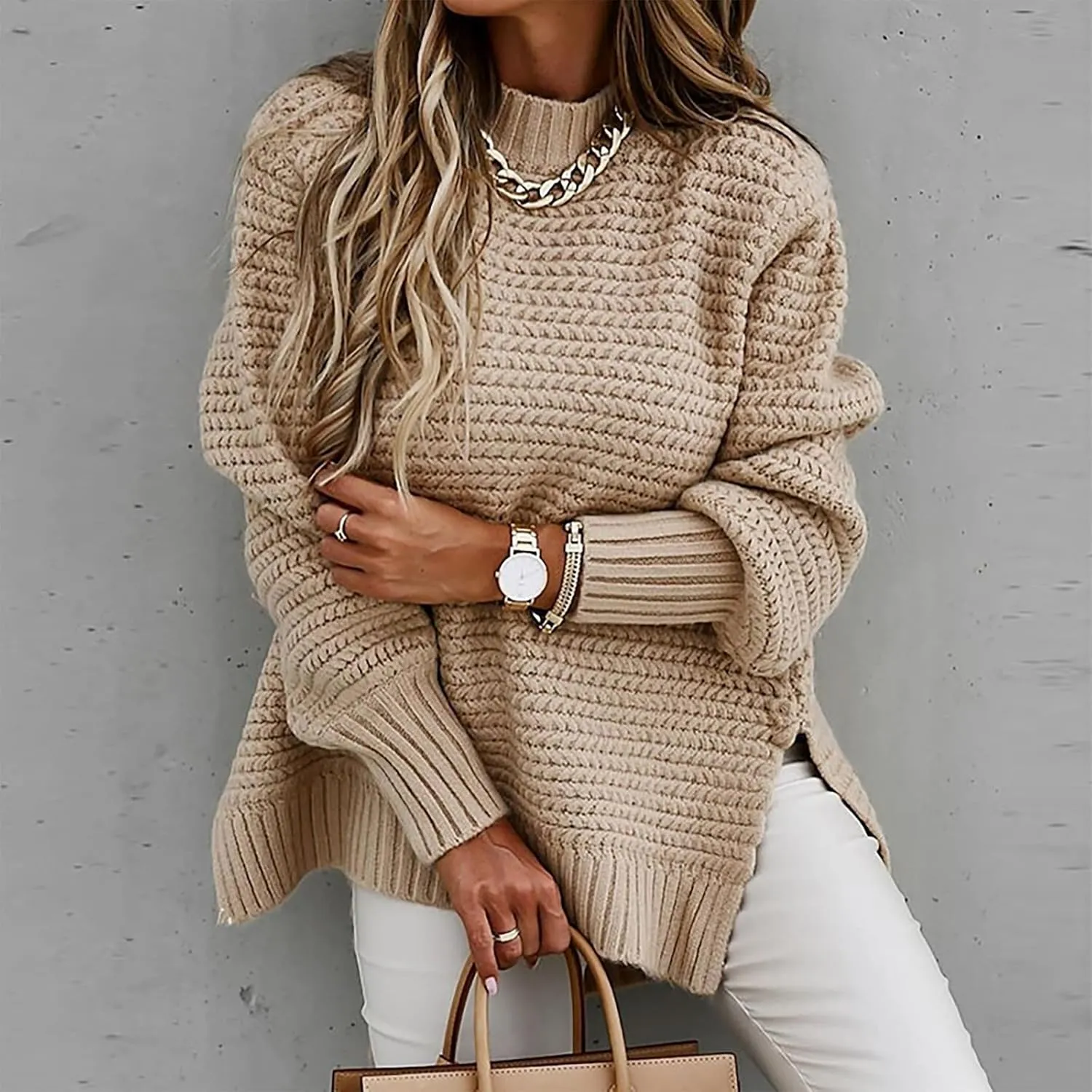 Women's 2024 Fall Casual Fall Oversized Sweater Long Sleeve Crew Neck Side Slit Oversized Ribbed Knit Pullover Tops