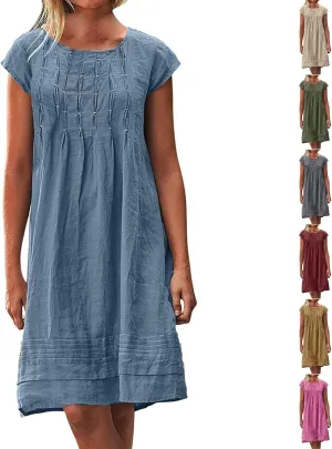 Women's 2025 Cotton Linen Midi Dress Plus Size Cap Sleeve Pleated Summer Dresses Vacation Crew Neck Casual Dress