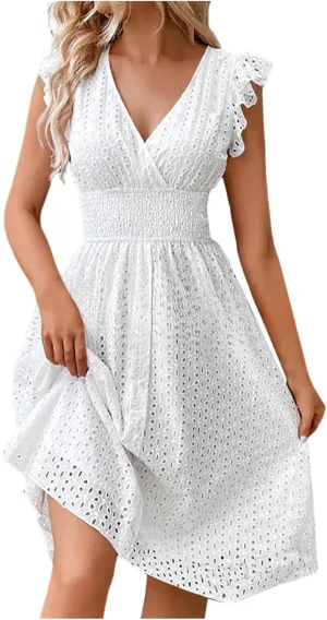 Women's 2025 Eyelet Lace Embroidery Smocked Waist Party Dress Flutter Sleeve V Neck A Line Midi Summer Dresses