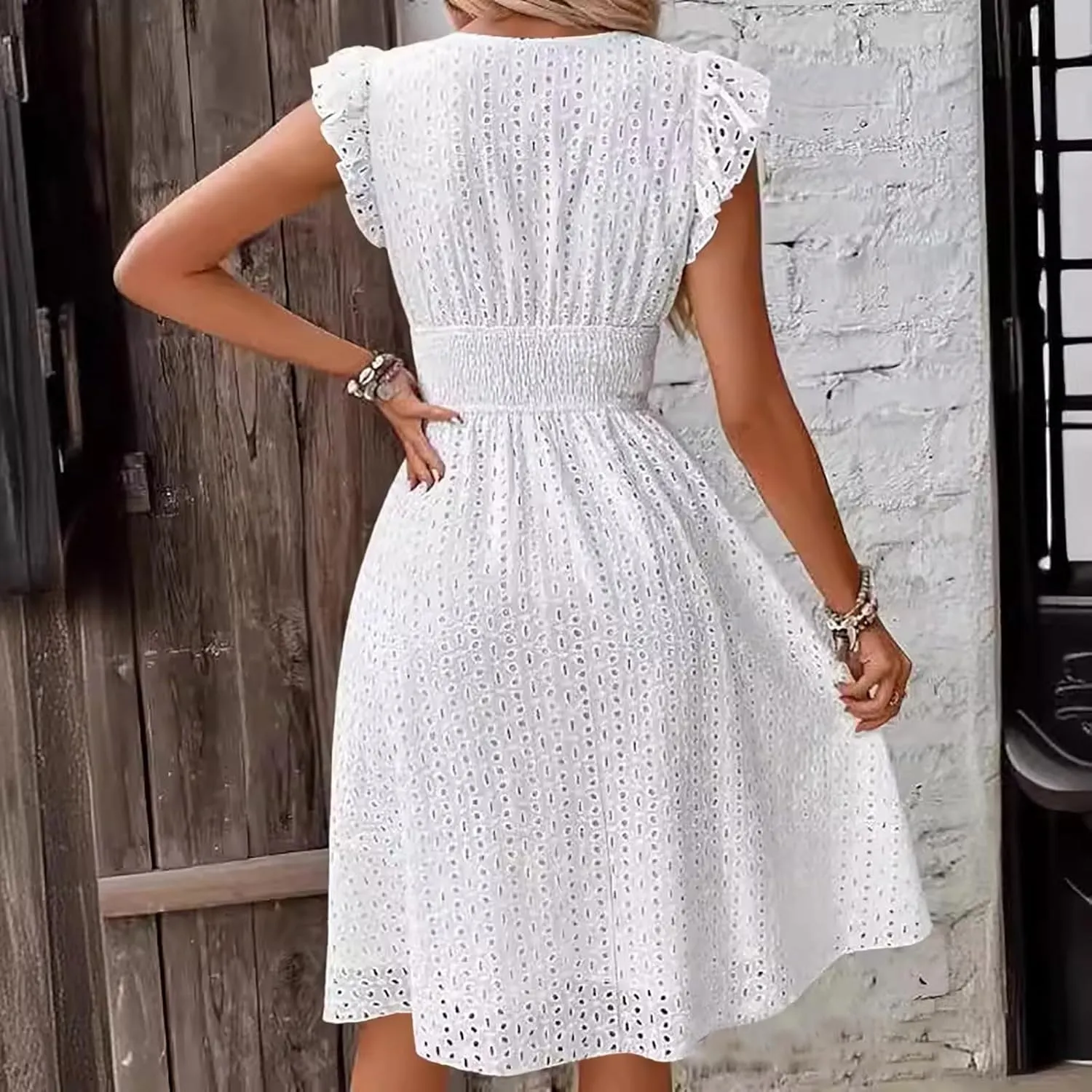 Women's 2025 Eyelet Lace Embroidery Smocked Waist Party Dress Flutter Sleeve V Neck A Line Midi Summer Dresses