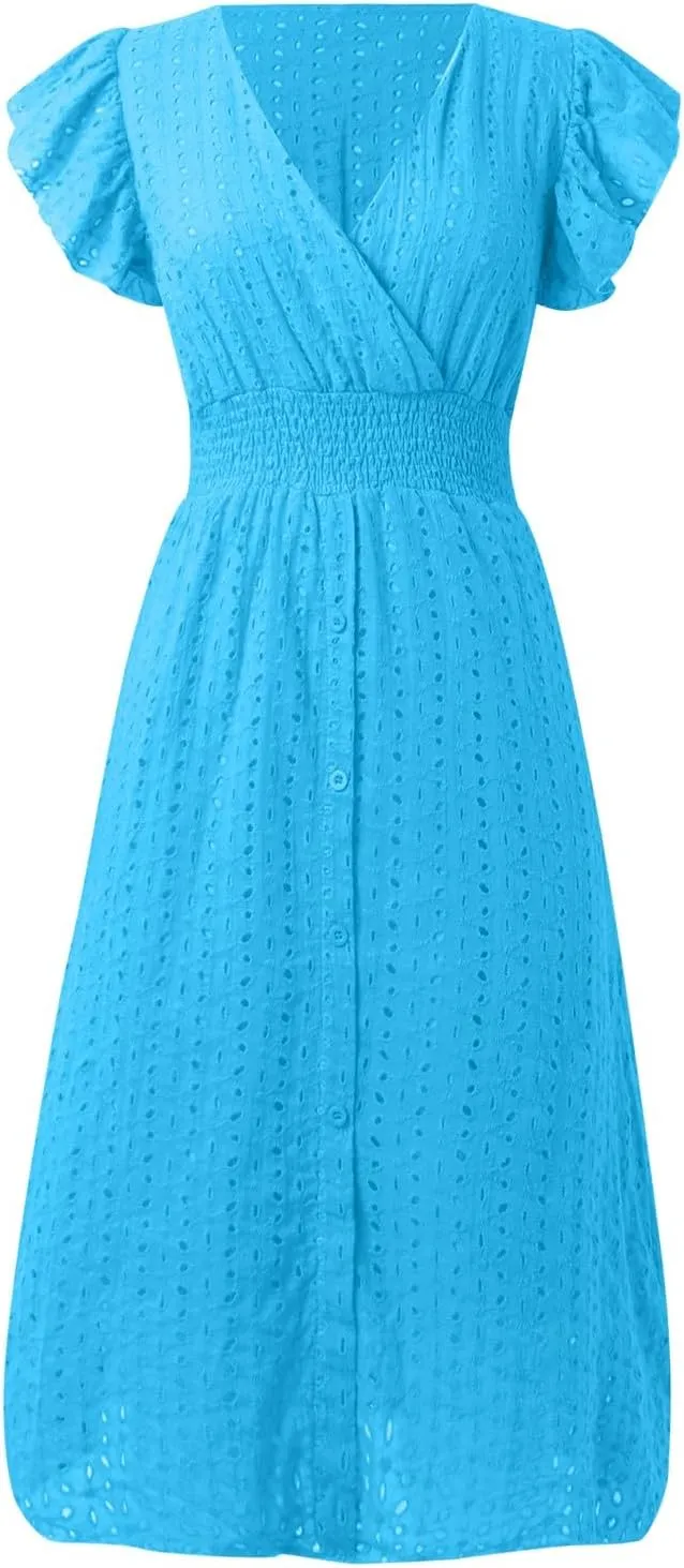 Women's 2025 Eyelet Lace Embroidery Smocked Waist Party Dress Flutter Sleeve V Neck A Line Midi Summer Dresses