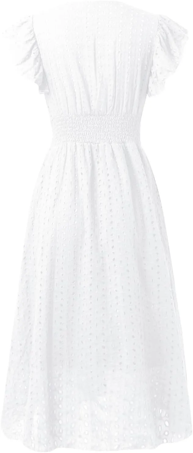 Women's 2025 Eyelet Lace Embroidery Smocked Waist Party Dress Flutter Sleeve V Neck A Line Midi Summer Dresses