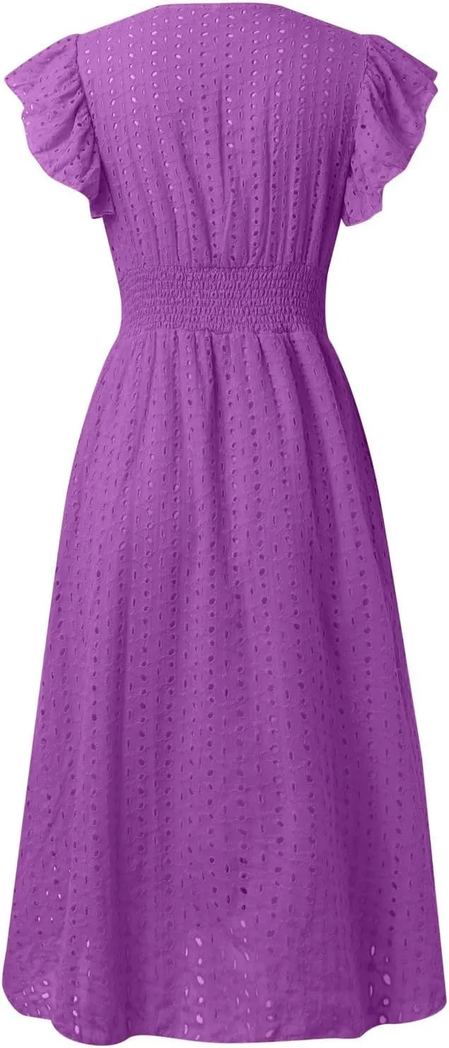 Women's 2025 Eyelet Lace Embroidery Smocked Waist Party Dress Flutter Sleeve V Neck A Line Midi Summer Dresses