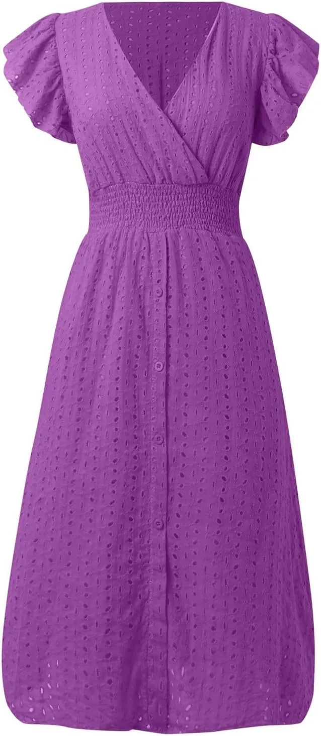 Women's 2025 Eyelet Lace Embroidery Smocked Waist Party Dress Flutter Sleeve V Neck A Line Midi Summer Dresses