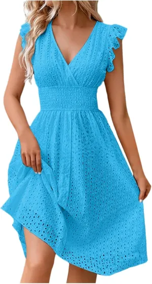 Women's 2025 Eyelet Lace Embroidery Smocked Waist Party Dress Flutter Sleeve V Neck A Line Midi Summer Dresses