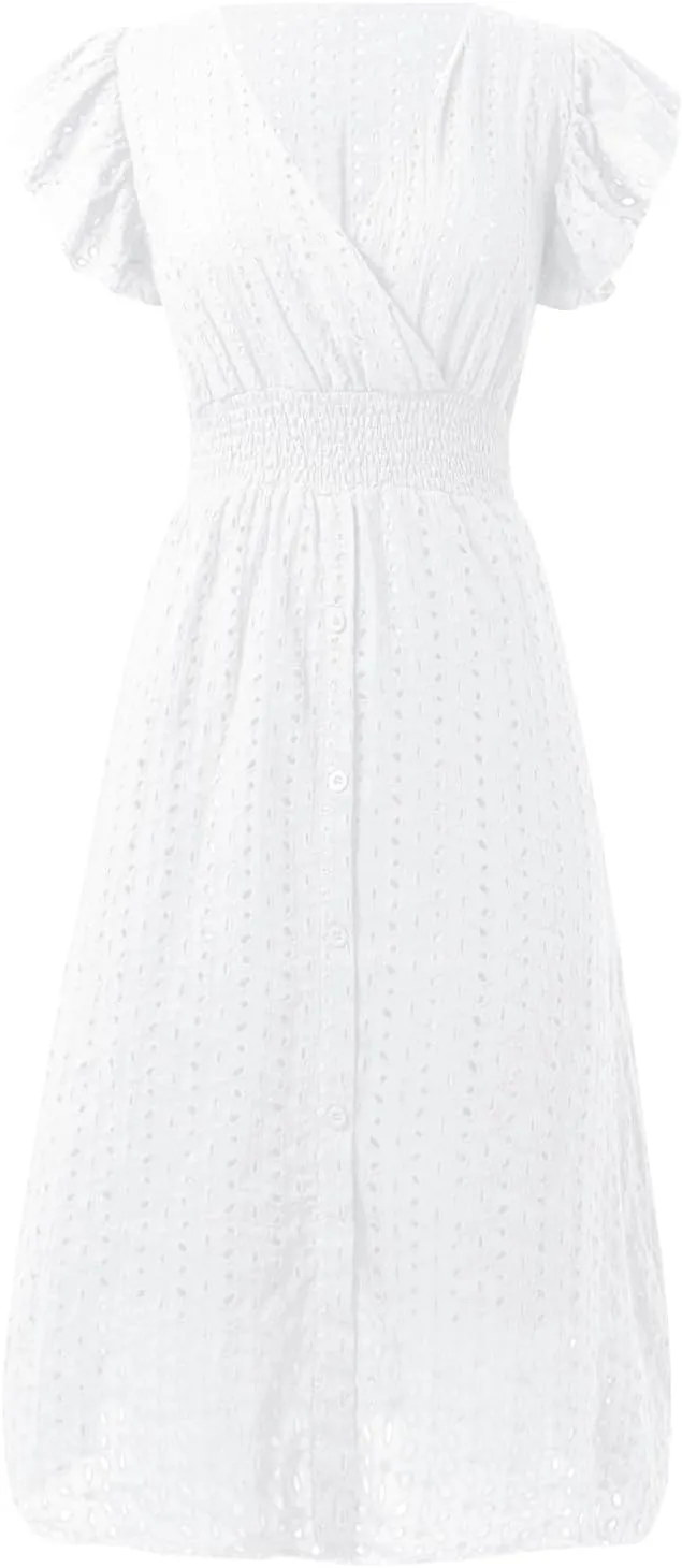 Women's 2025 Eyelet Lace Embroidery Smocked Waist Party Dress Flutter Sleeve V Neck A Line Midi Summer Dresses