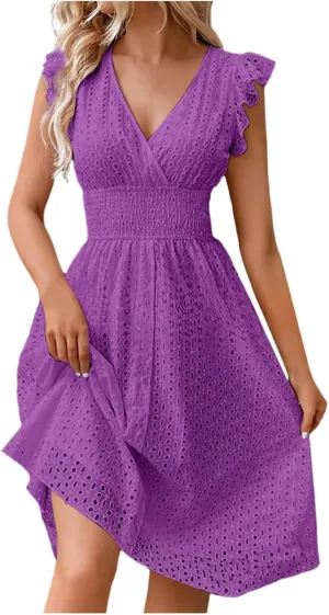 Women's 2025 Eyelet Lace Embroidery Smocked Waist Party Dress Flutter Sleeve V Neck A Line Midi Summer Dresses