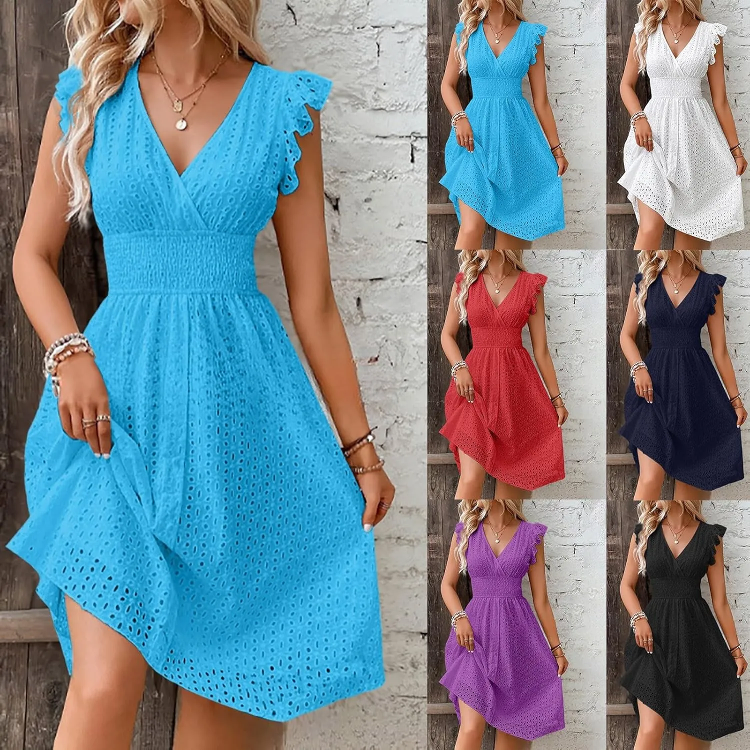 Women's 2025 Eyelet Lace Embroidery Smocked Waist Party Dress Flutter Sleeve V Neck A Line Midi Summer Dresses