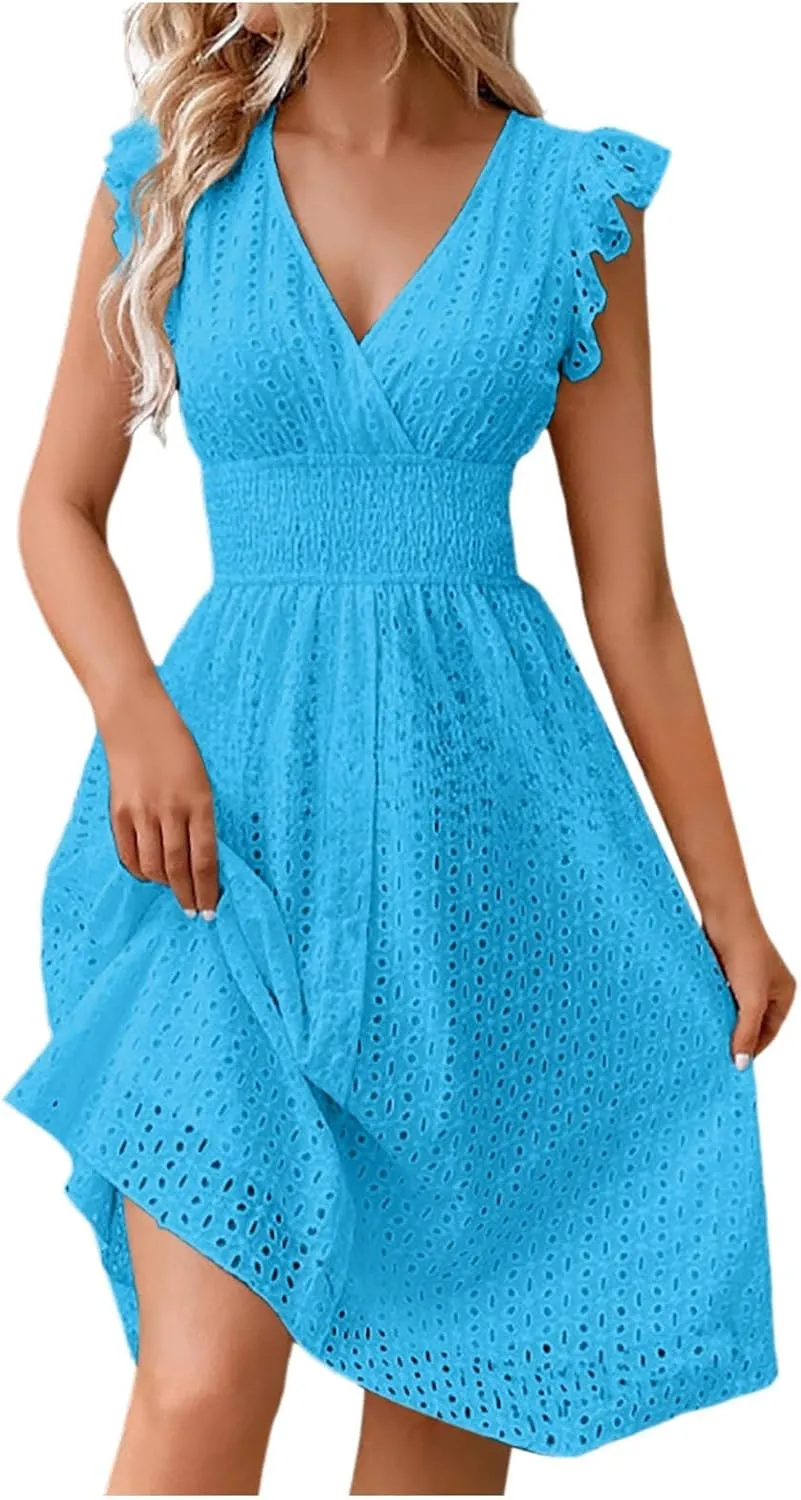 Women's 2025 Eyelet Lace Embroidery Smocked Waist Party Dress Flutter Sleeve V Neck A Line Midi Summer Dresses