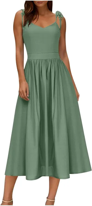 Women's 2025 Summer Casual Dress Spaghetti Strap Smocked Waist Elegant Sexy Dresses Backless Suspender Midi Sundress
