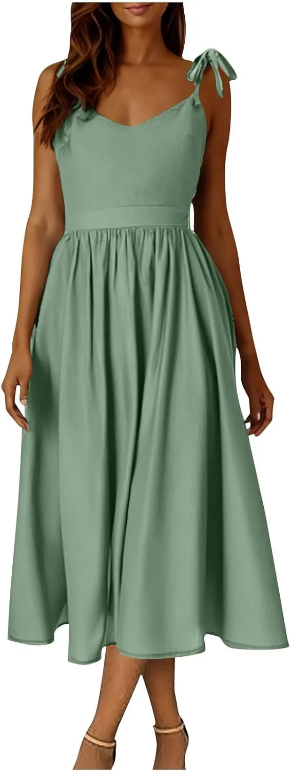 Women's 2025 Summer Casual Dress Spaghetti Strap Smocked Waist Elegant Sexy Dresses Backless Suspender Midi Sundress