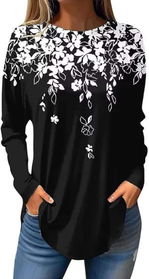 Womens Blouse Ethnic Floral Print Tshirt Dressy Casual Tops 2024 Long Sleeve Crew Neck Sweatshirt