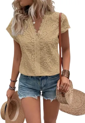 Women's Blouses Shirts Solid Color Lace Trim Short Sleeve Casual Tops Trendy Tshirts Tops