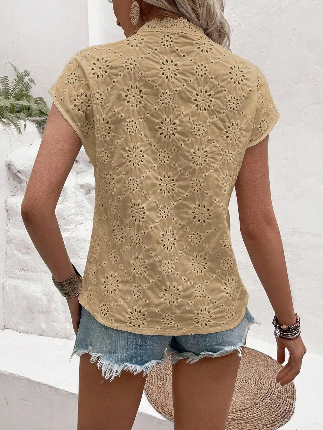 Women's Blouses Shirts Solid Color Lace Trim Short Sleeve Casual Tops Trendy Tshirts Tops
