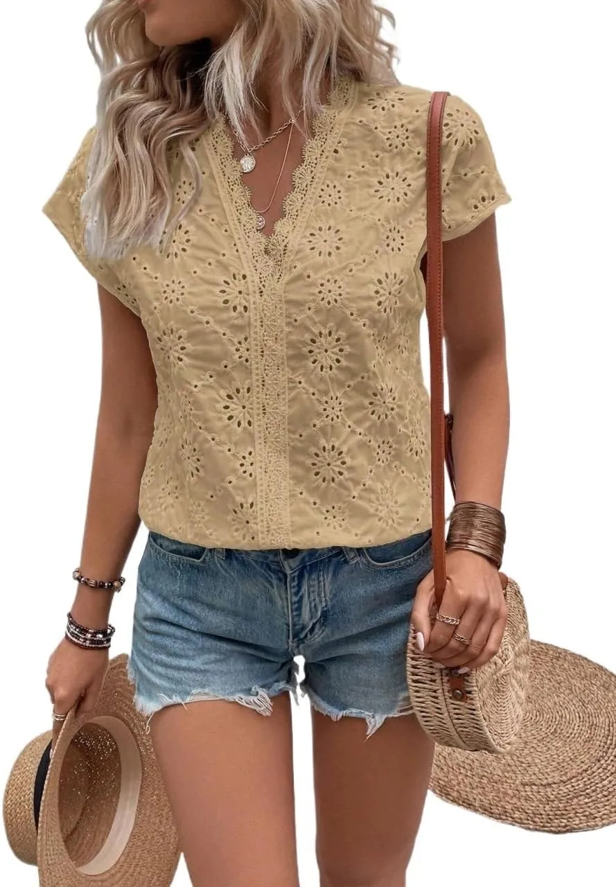 Women's Blouses Shirts Solid Color Lace Trim Short Sleeve Casual Tops Trendy Tshirts Tops