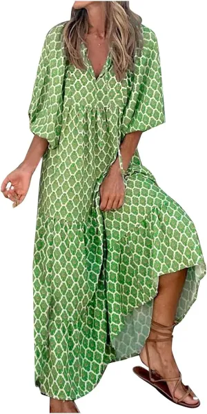 Womens Boho Maxi Dresses 2025 Summer V Neck Puff Sleeve Long Dress Floral Flowy Swing Casual Maxi Dress for Women