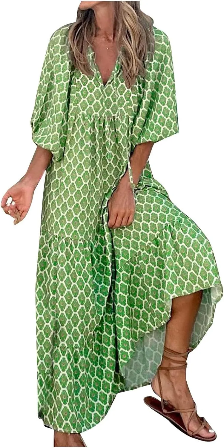 Womens Boho Maxi Dresses 2025 Summer V Neck Puff Sleeve Long Dress Floral Flowy Swing Casual Maxi Dress for Women