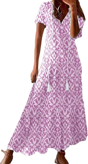 Womens Boho Maxi Dresses Summer Casual V Neck Ruffle Dress Loose Floral Maxi Dress Flowy Beach Vacation Dresses 2025