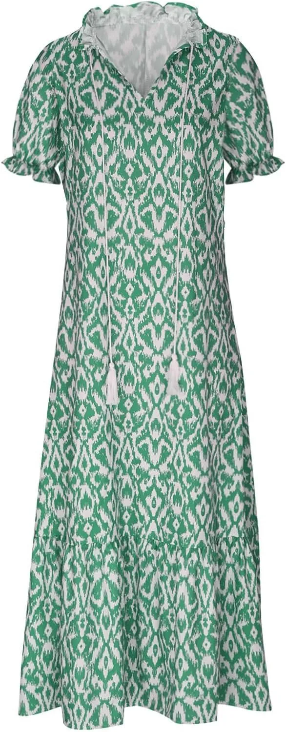 Womens Boho Maxi Dresses Summer Casual V Neck Ruffle Dress Loose Floral Maxi Dress Flowy Beach Vacation Dresses 2025