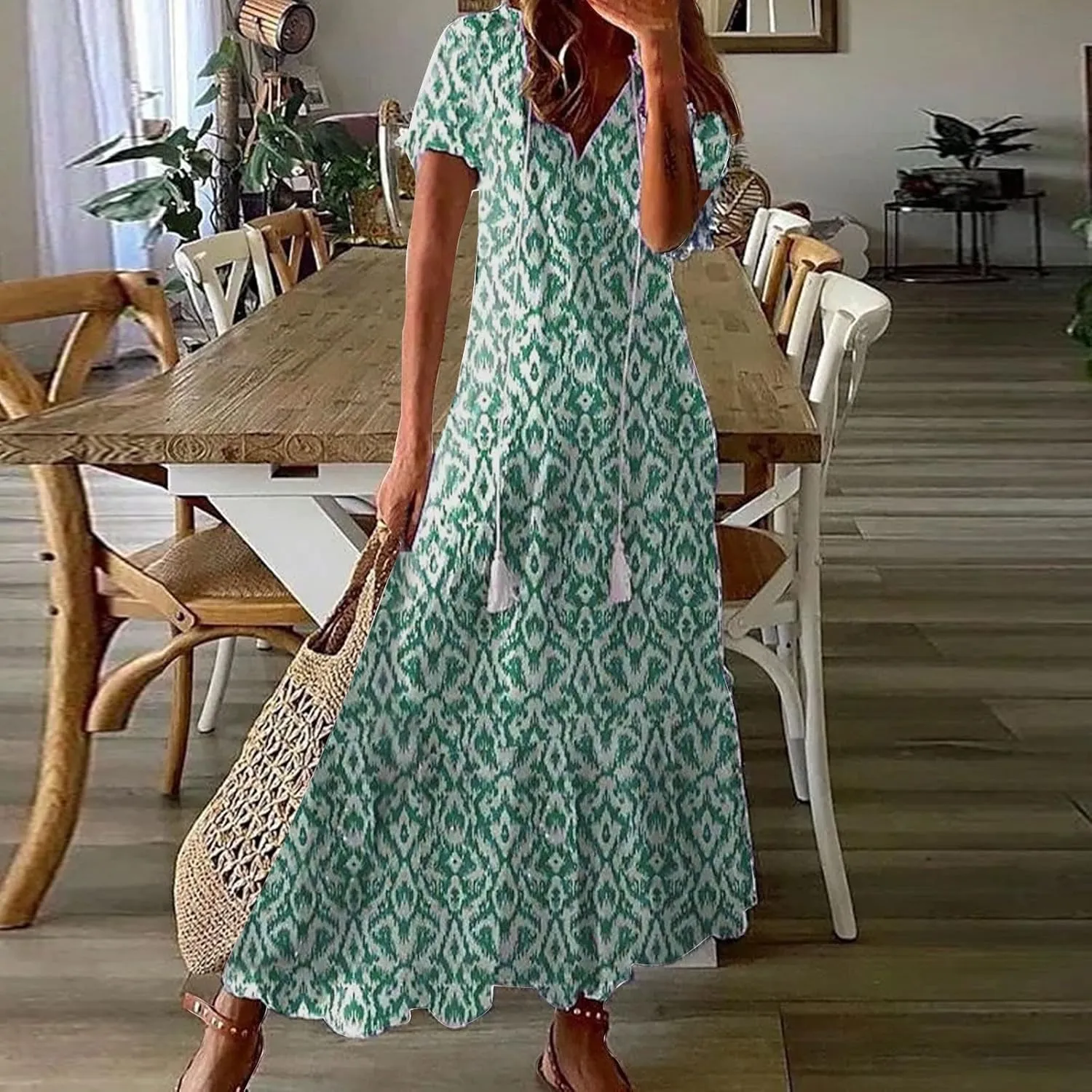 Womens Boho Maxi Dresses Summer Casual V Neck Ruffle Dress Loose Floral Maxi Dress Flowy Beach Vacation Dresses 2025