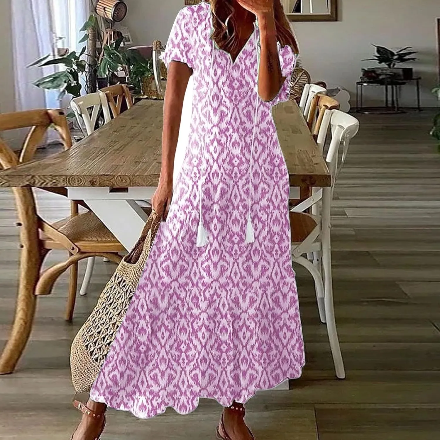 Womens Boho Maxi Dresses Summer Casual V Neck Ruffle Dress Loose Floral Maxi Dress Flowy Beach Vacation Dresses 2025