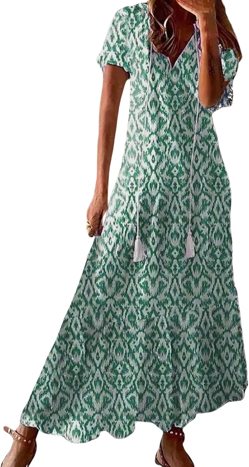 Womens Boho Maxi Dresses Summer Casual V Neck Ruffle Dress Loose Floral Maxi Dress Flowy Beach Vacation Dresses 2025