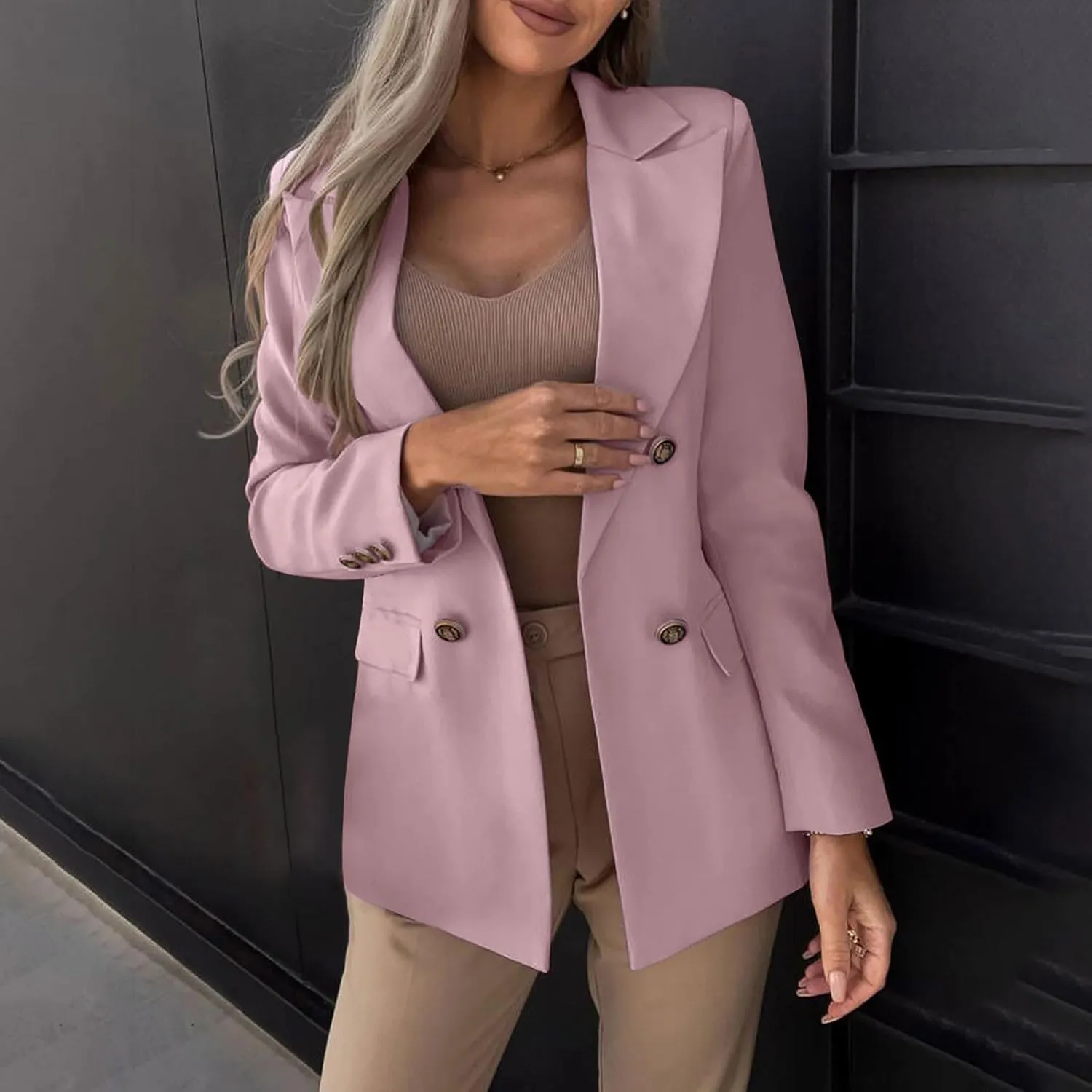 Womens Breasted Blazer Casual Work Office Suit Jackets Open Front Long Sleeve Lapel Dressy Blazers with Pockets