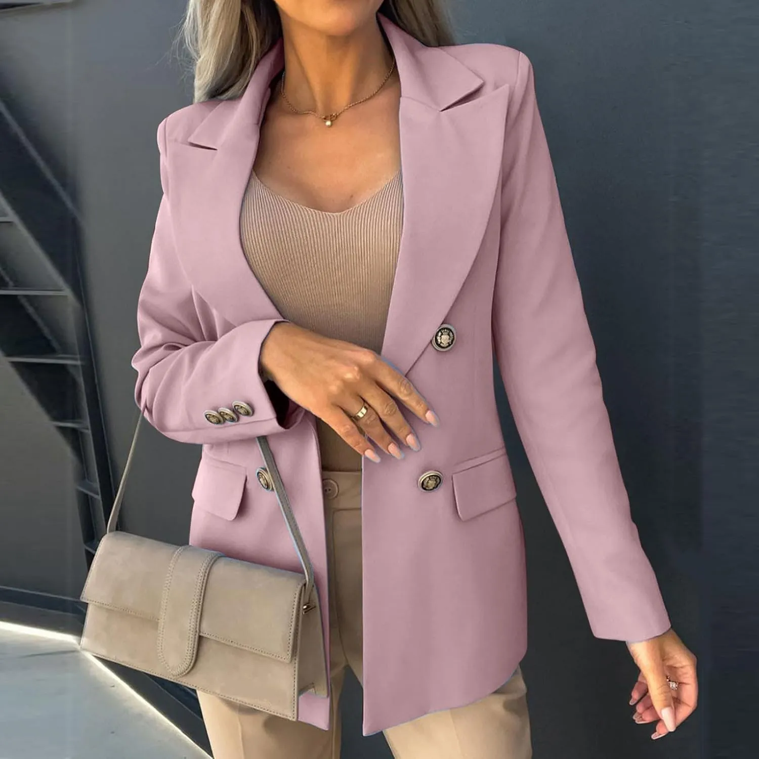 Womens Breasted Blazer Casual Work Office Suit Jackets Open Front Long Sleeve Lapel Dressy Blazers with Pockets