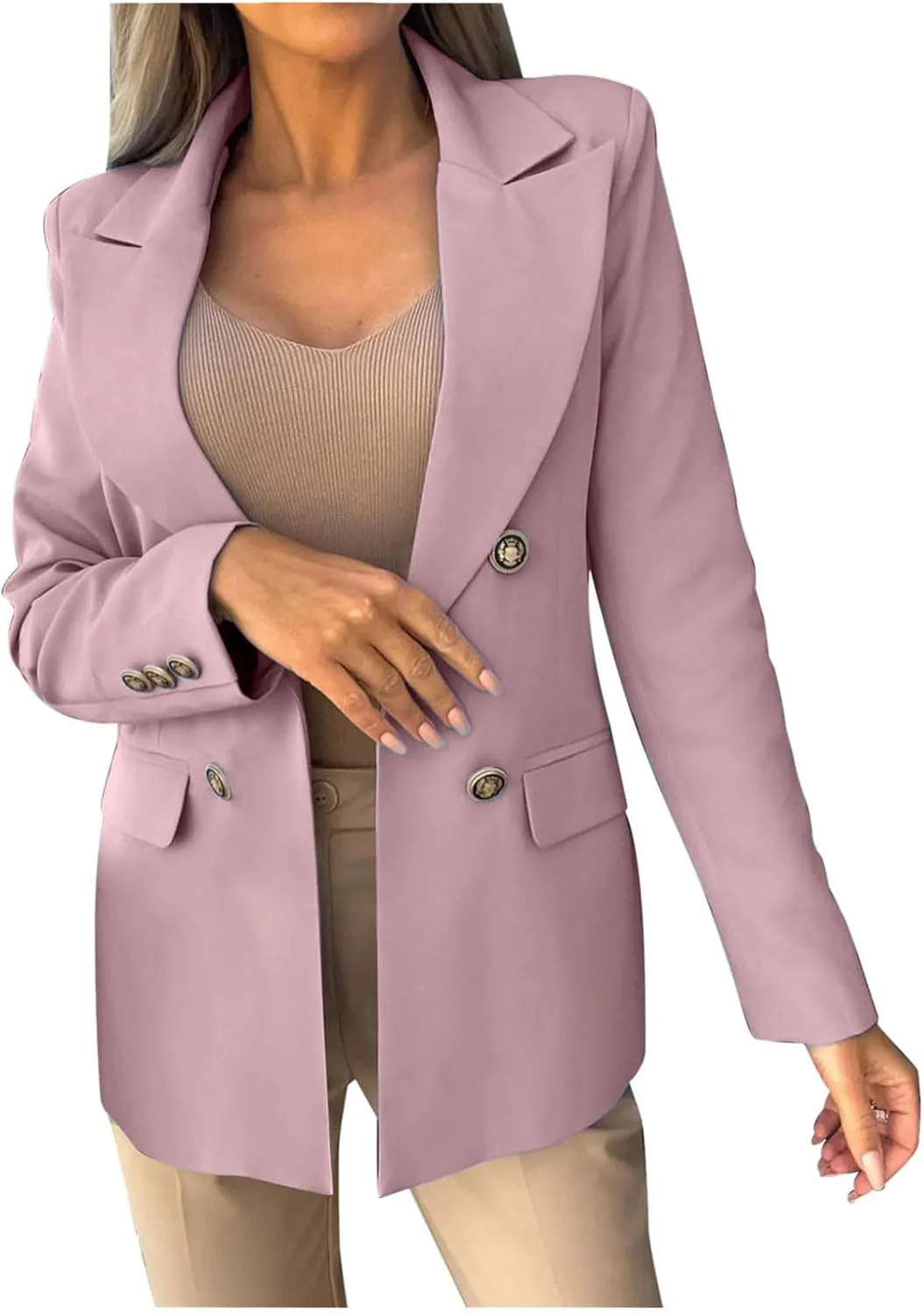 Womens Breasted Blazer Casual Work Office Suit Jackets Open Front Long Sleeve Lapel Dressy Blazers with Pockets
