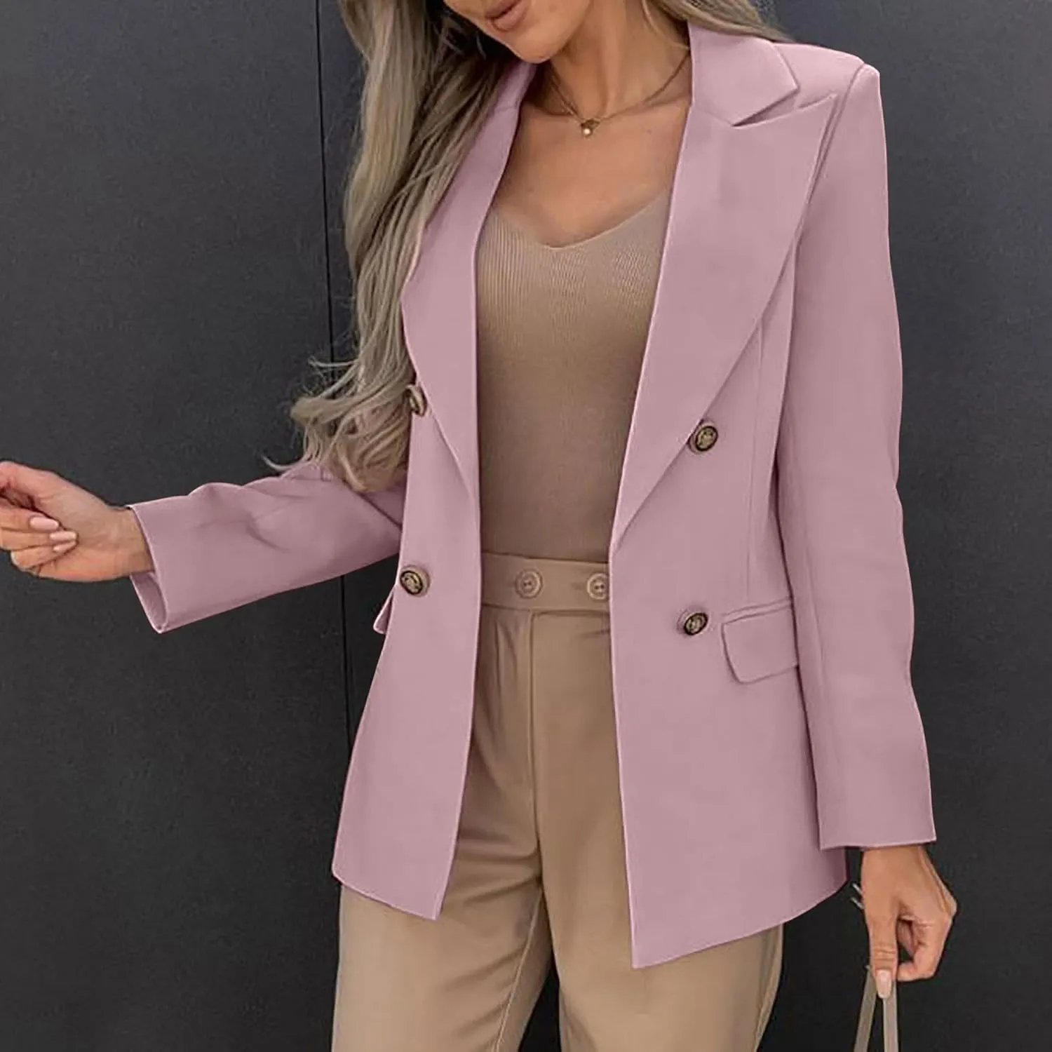 Womens Breasted Blazer Casual Work Office Suit Jackets Open Front Long Sleeve Lapel Dressy Blazers with Pockets