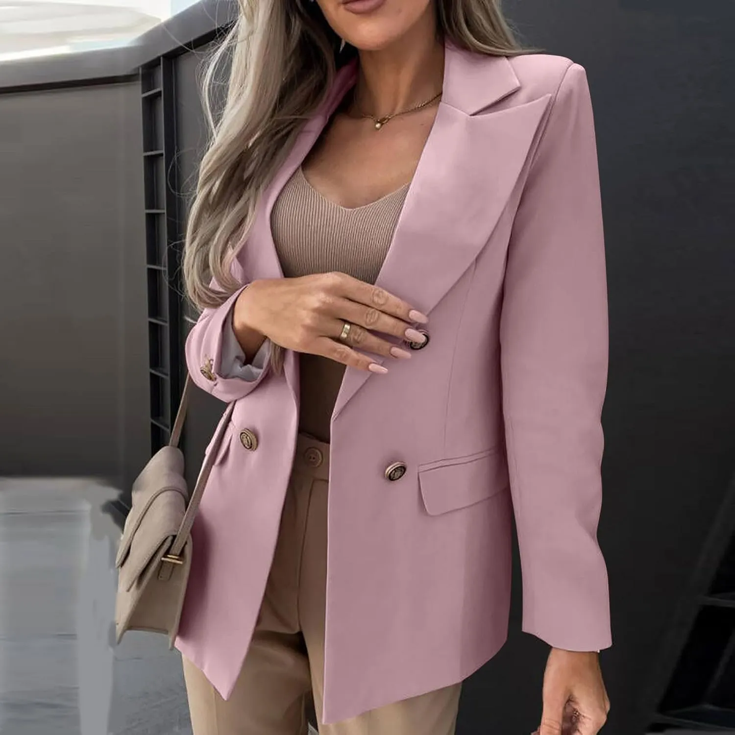 Womens Breasted Blazer Casual Work Office Suit Jackets Open Front Long Sleeve Lapel Dressy Blazers with Pockets