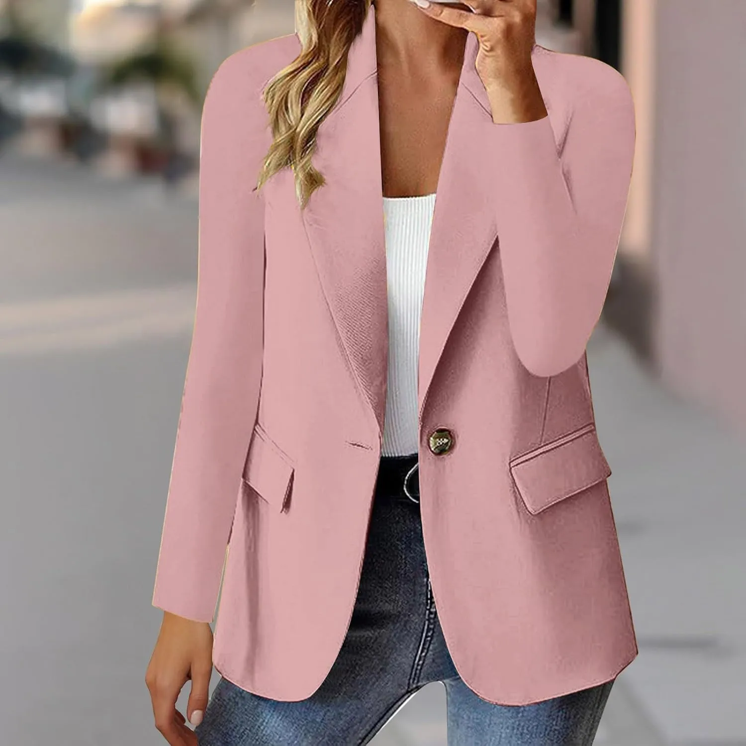 Women's Business Casual Blazer Long Sleeve Jacket Tops Button Down Lapel Lounge Suit Coat Spring Office Work Clothes