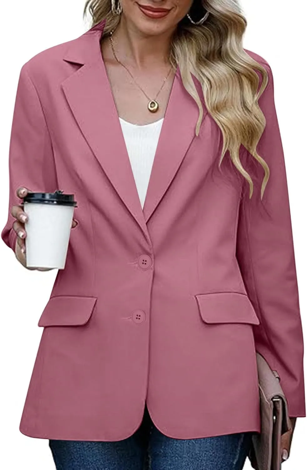 Womens Bussiness Casual Blazers Button Open Front Long Sleeve Work Office Suit Jacket Fall Lapel Lightweight Outwear