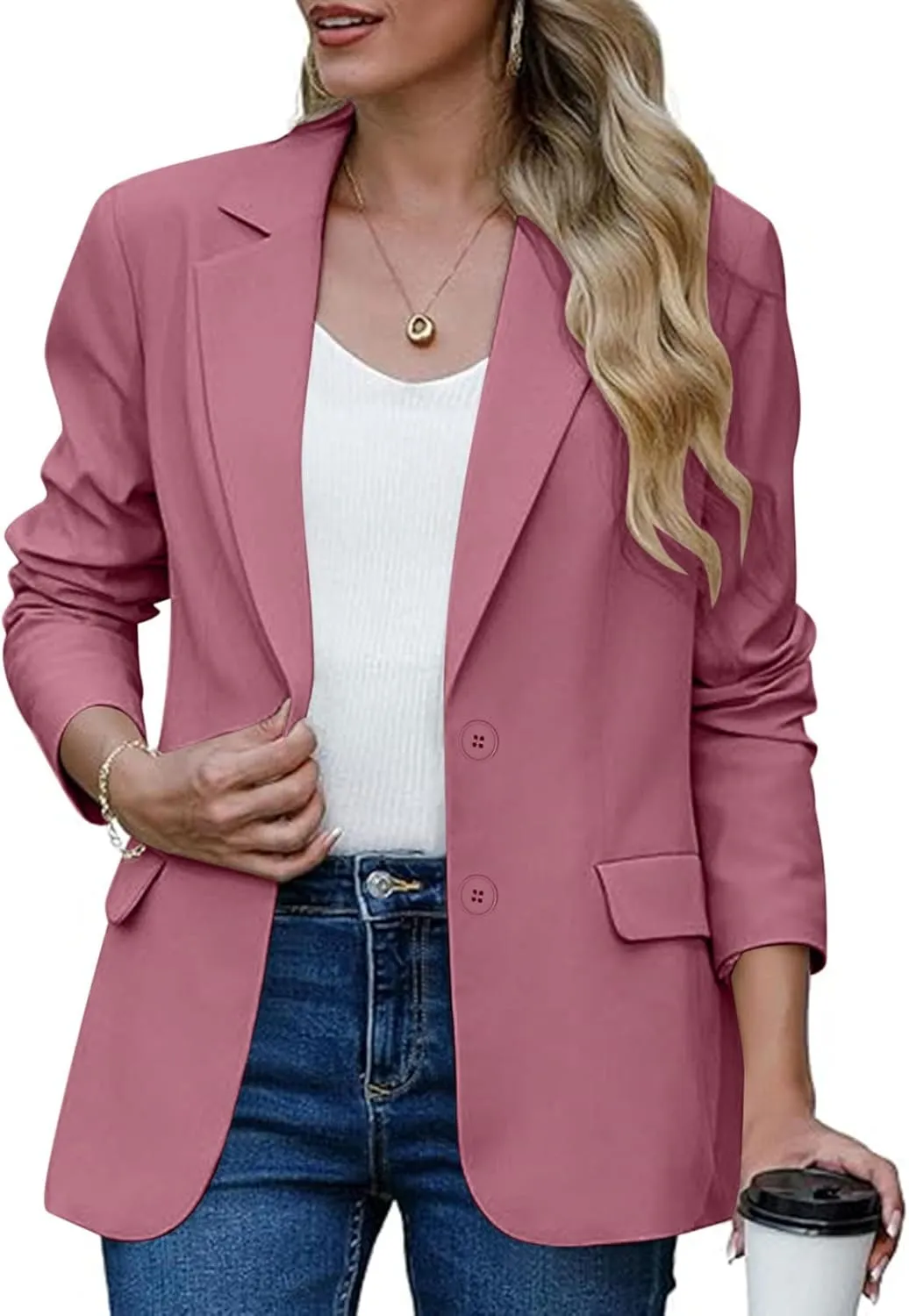Womens Bussiness Casual Blazers Button Open Front Long Sleeve Work Office Suit Jacket Fall Lapel Lightweight Outwear