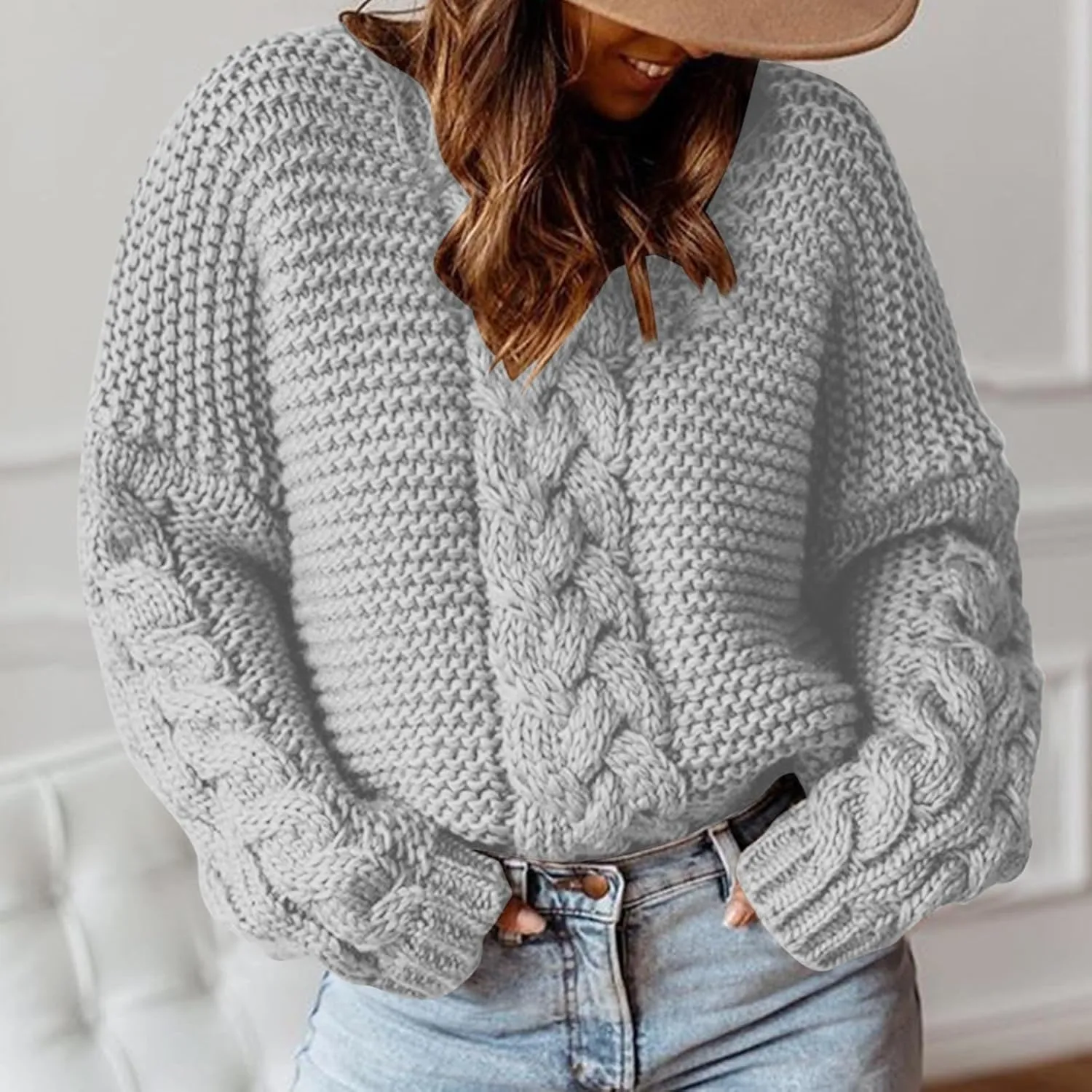 Womens Cable Knit Sweaters Fashion 2024 Loose Casual Cozy Chunky Pullover Tops Crewneck Knitted Winter Sweater