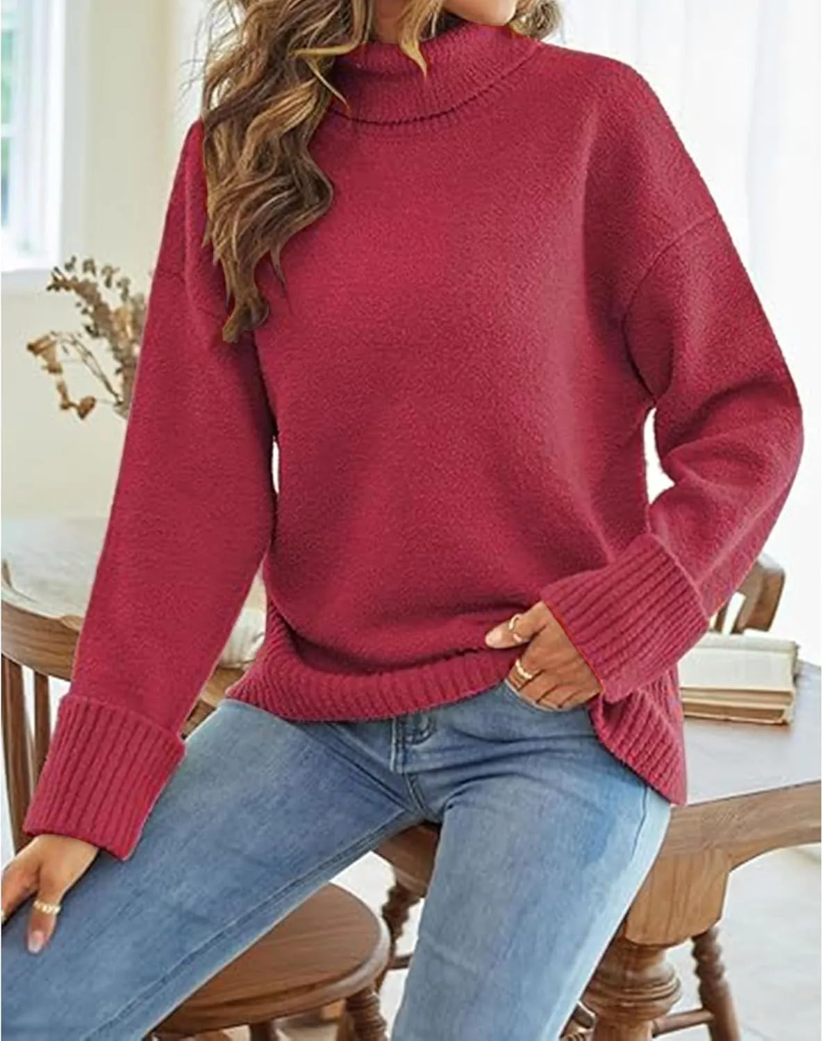 Womens Cable Sweater Oversized Long Sleeve Crewneck Knit Jumper Tops Fall/Winter Pullovers Blouse