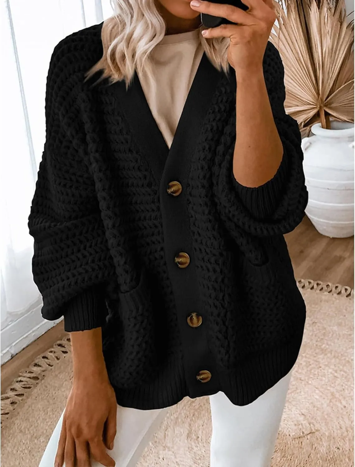 Womens Cardigan Sweaters Button Up Chunky Knit Cardigans V Neck Loose Fit Jackets Outwear