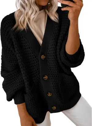 Womens Cardigan Sweaters Button Up Chunky Knit Cardigans V Neck Loose Fit Jackets Outwear