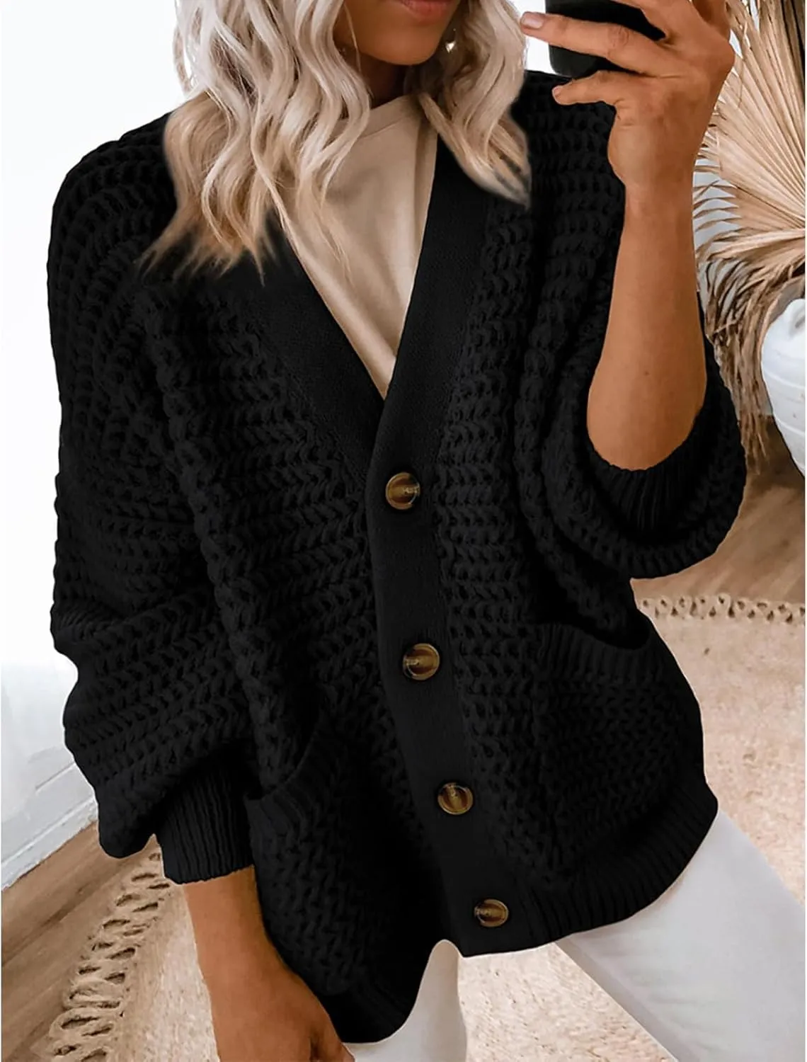 Womens Cardigan Sweaters Button Up Chunky Knit Cardigans V Neck Loose Fit Jackets Outwear