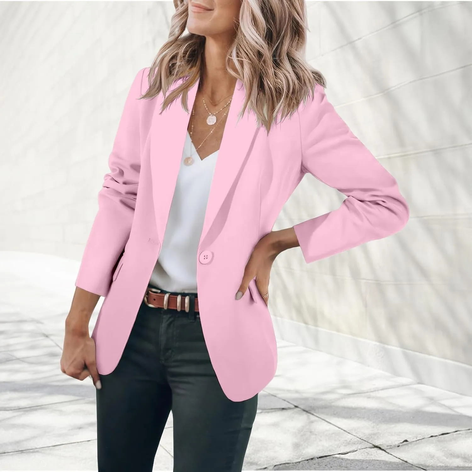 Women's Casual Blazers Business Lapel One Button Open Front Work Office Jacket Lightweight Slim Fit Suit Jackets
