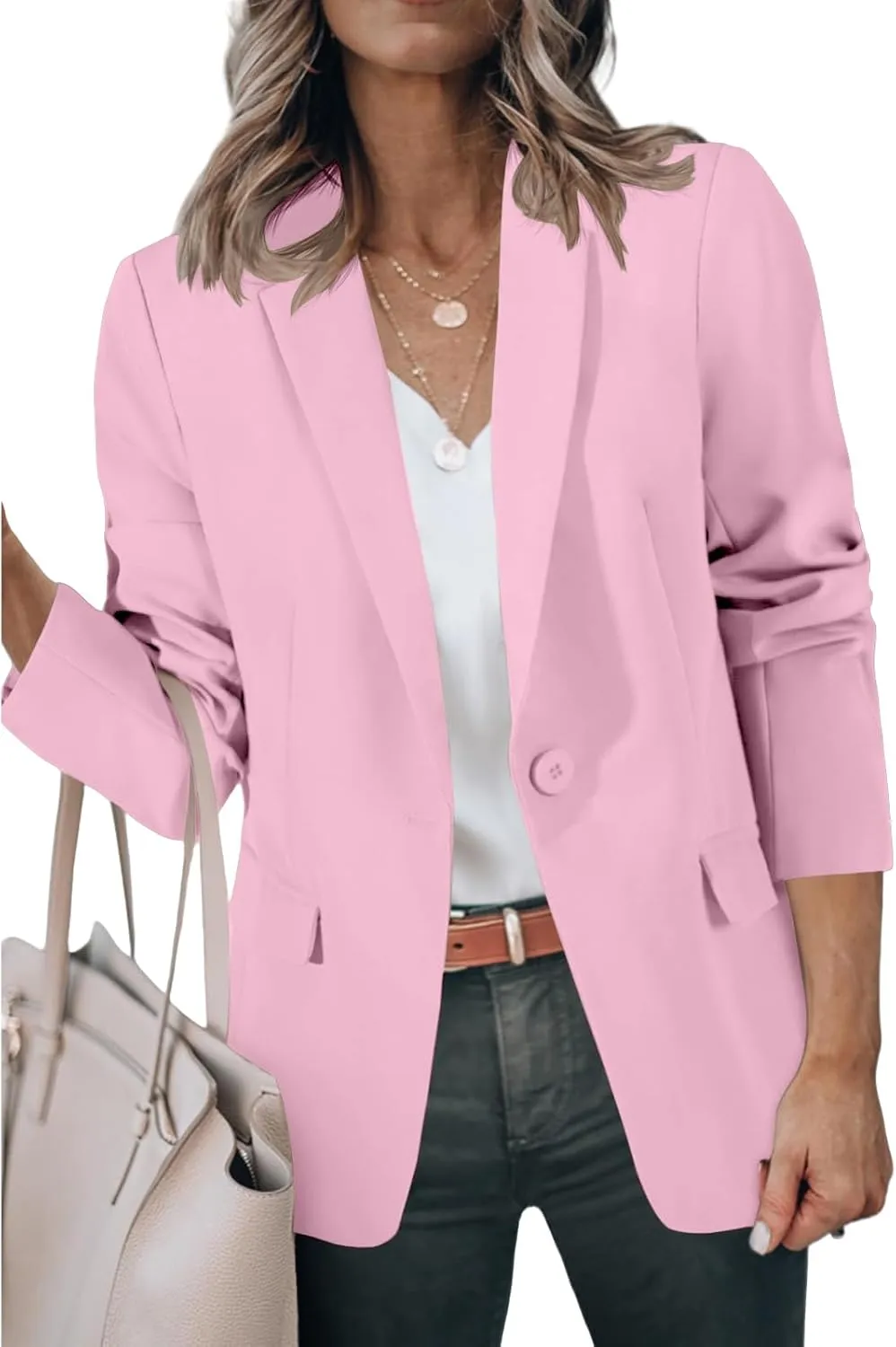 Women's Casual Blazers Business Lapel One Button Open Front Work Office Jacket Lightweight Slim Fit Suit Jackets
