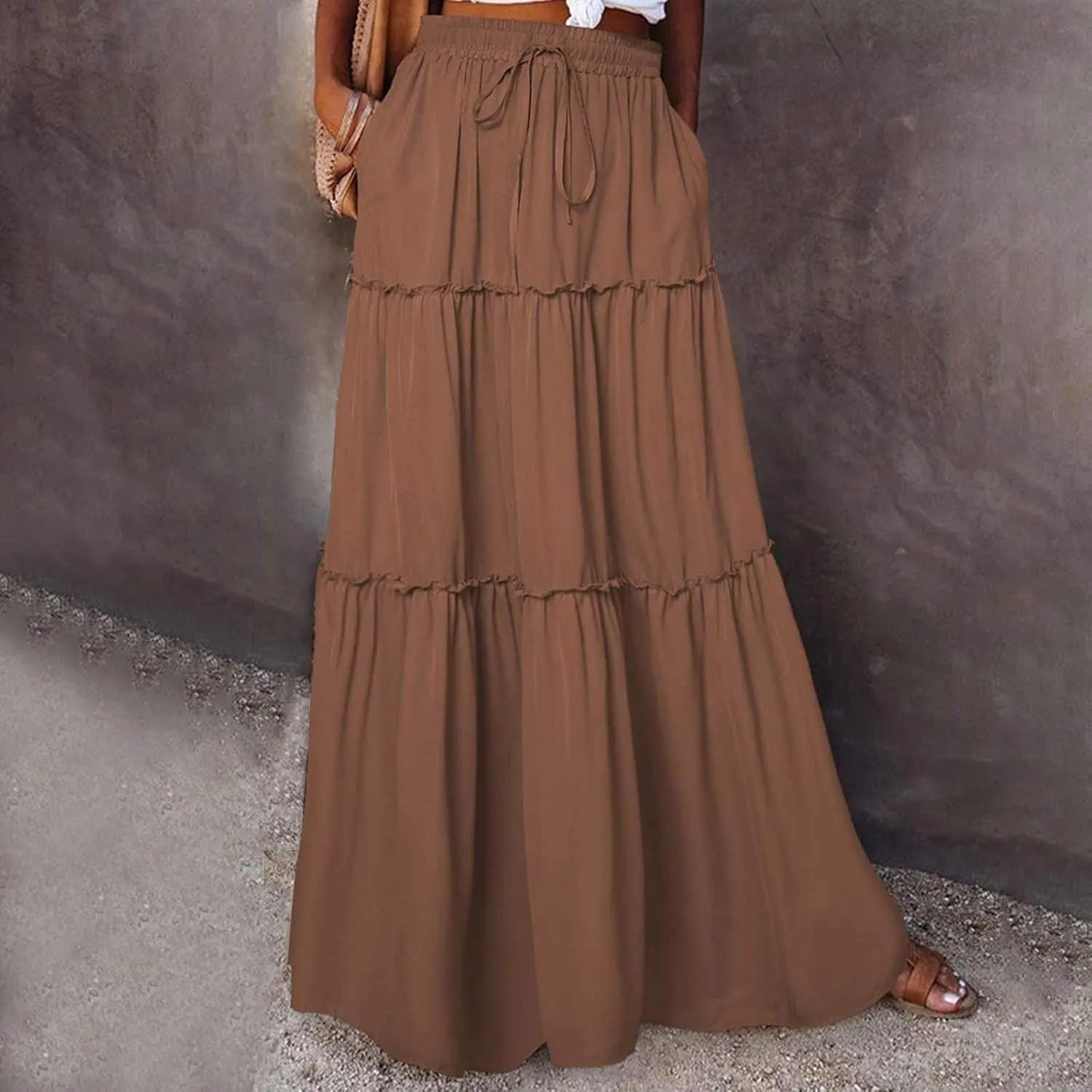 Womens Casual Boho Maxi Skirt Trendy Pleated Ruffle Flowy Skirt Drawstring Elastic High Waisted Summer A-Line Skirts