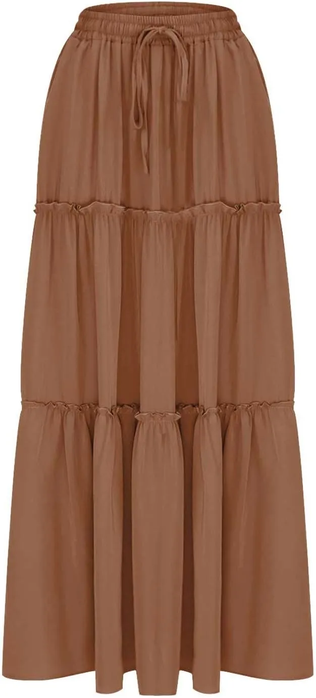 Womens Casual Boho Maxi Skirt Trendy Pleated Ruffle Flowy Skirt Drawstring Elastic High Waisted Summer A-Line Skirts