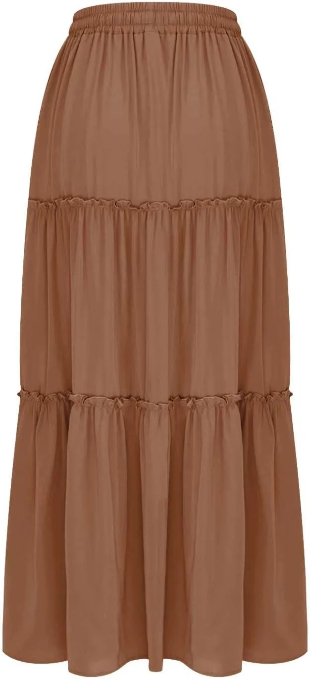 Womens Casual Boho Maxi Skirt Trendy Pleated Ruffle Flowy Skirt Drawstring Elastic High Waisted Summer A-Line Skirts