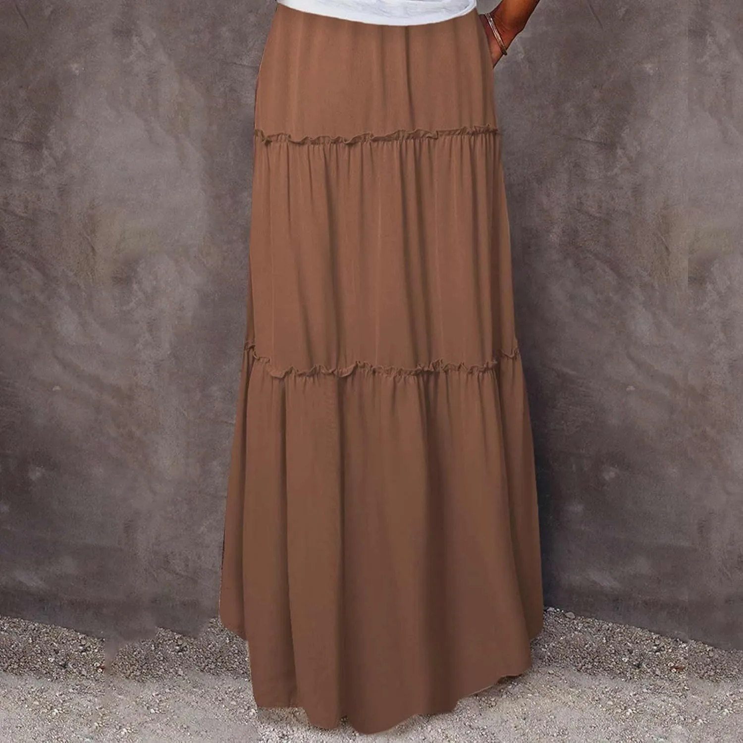 Womens Casual Boho Maxi Skirt Trendy Pleated Ruffle Flowy Skirt Drawstring Elastic High Waisted Summer A-Line Skirts