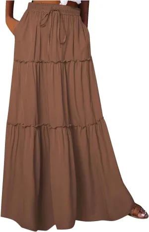 Womens Casual Boho Maxi Skirt Trendy Pleated Ruffle Flowy Skirt Drawstring Elastic High Waisted Summer A-Line Skirts