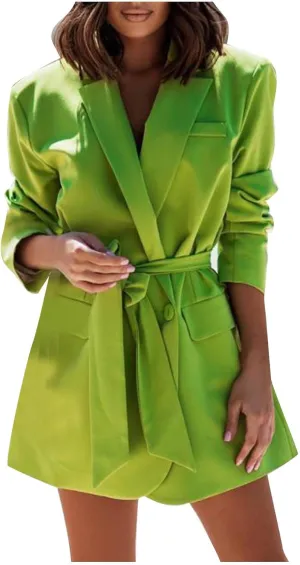 Women's Casual Elegant Blazers Long Sleeve Button Lapel Open Front Business Work Office Pockets Suit Jackets with Belt