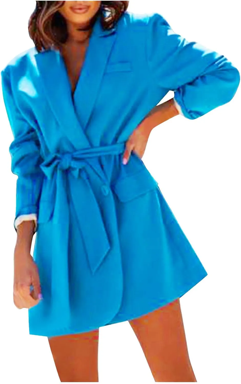 Women's Casual Elegant Blazers Long Sleeve Button Lapel Open Front Business Work Office Pockets Suit Jackets with Belt