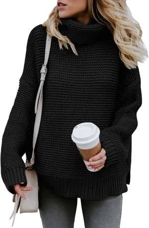 Women's Casual Long Sleeve Turtleneck Ribbed Knitted Striped Sweater Pullover Oversized Soft Blouse Tops Plus Size
